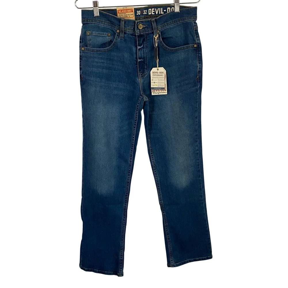 Devil-Dog Dungarees Mens Relaxed‎ Bootcut Performance Jeans Blue 30x32 NWT